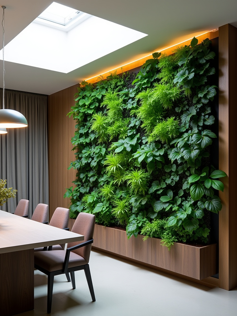 Modern dining room featuring a lush vertical garden wall with green plants.