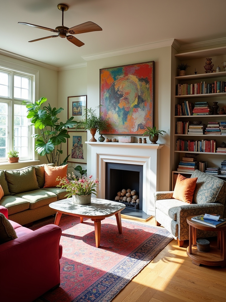 “Vibrant eclectic living room featuring a mix of furniture styles, colorful art, patterned wallpaper, and diverse textures.”