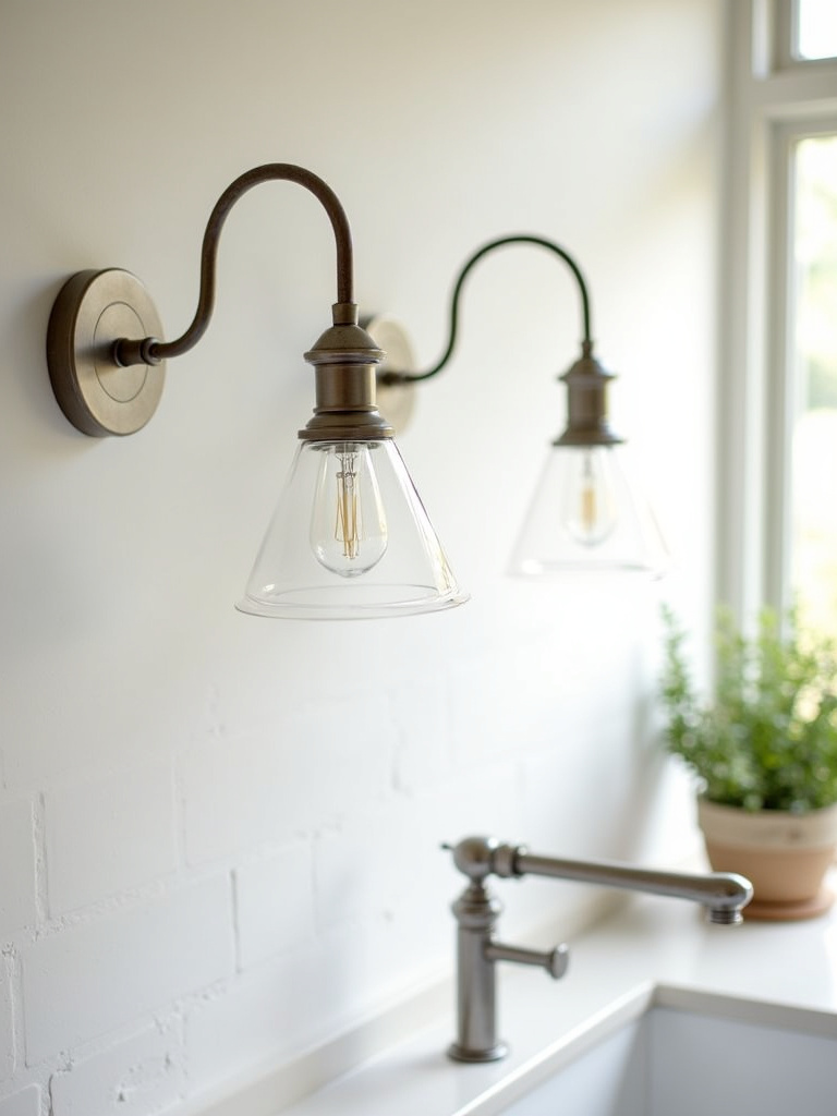 Vintage-inspired gooseneck wall sconces providing task lighting above a farmhouse kitchen sink.