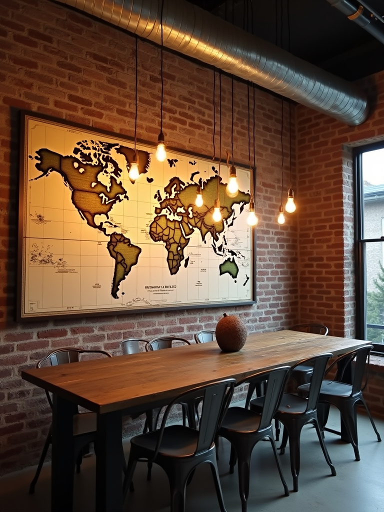 Rustic industrial dining room featuring a large framed vintage world map on a brick wall.