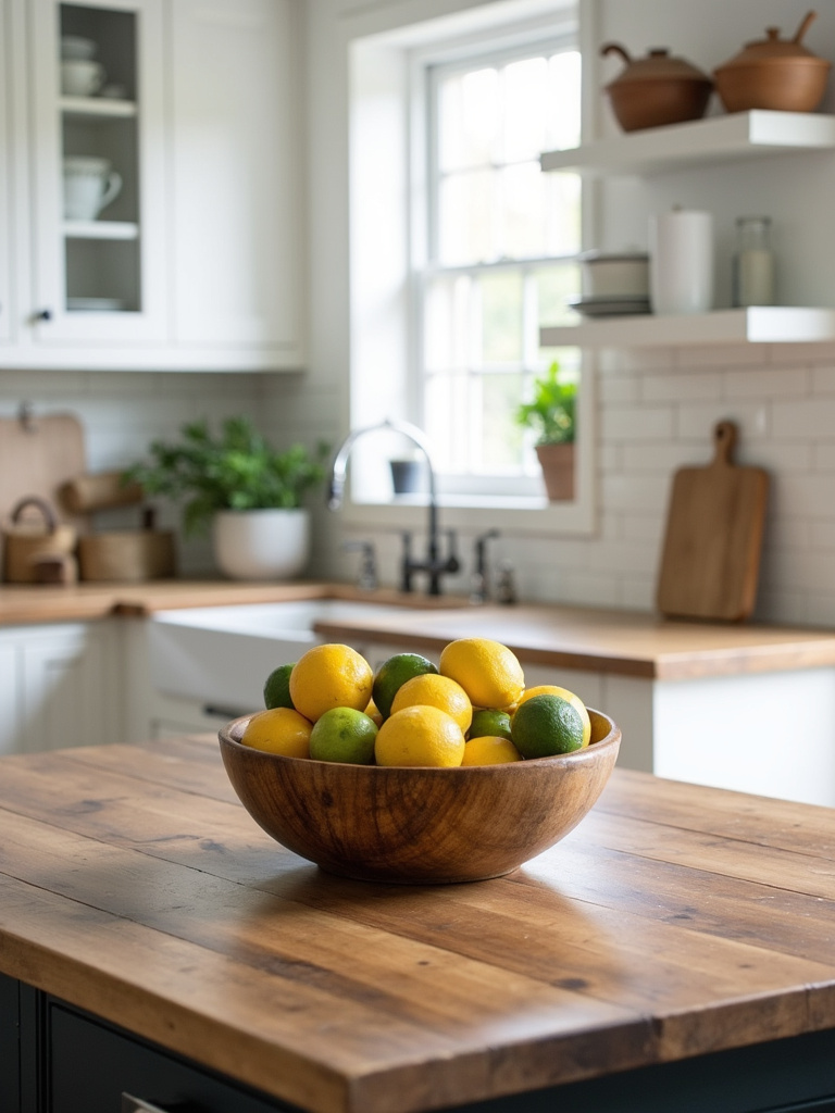 Antique wooden dough bowl filled with citrus fruits on a farmhouse reclaimed wood kitchen island.