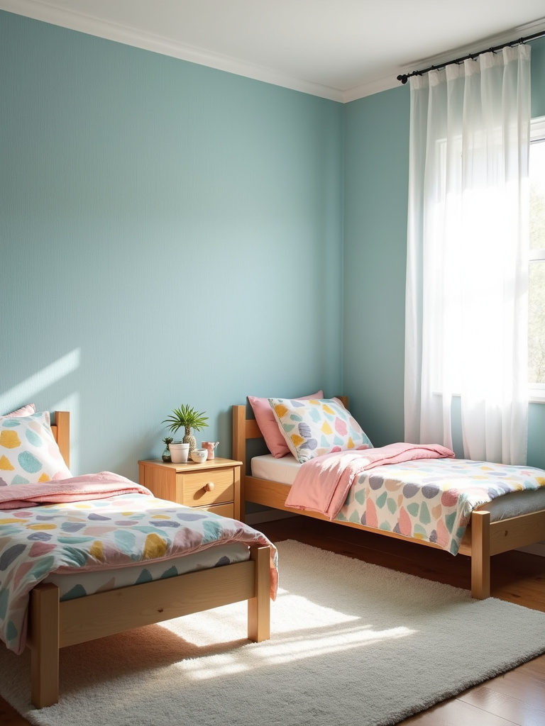 A practical and cheerful children’s bedroom featuring light blue textured vinyl wallpaper on all walls, bathed in soft morning light.