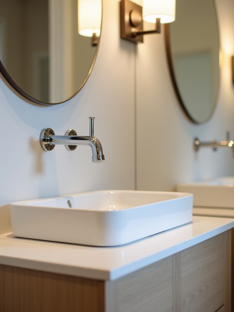 Modern bathroom vanity with a sleek chrome wall-mounted faucet and vessel sink.