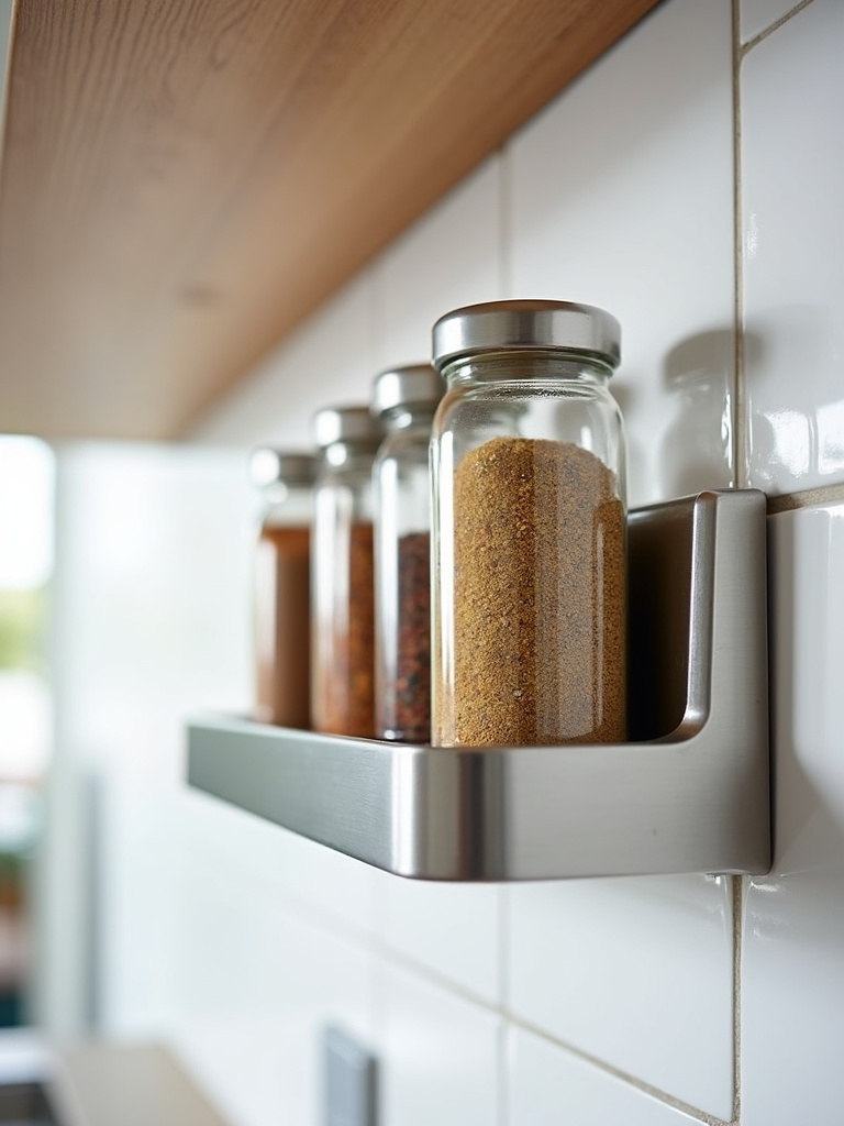 Close-up of a stainless steel magnetic spice rack mounted on a kitchen backsplash, holding colorful spice jars.