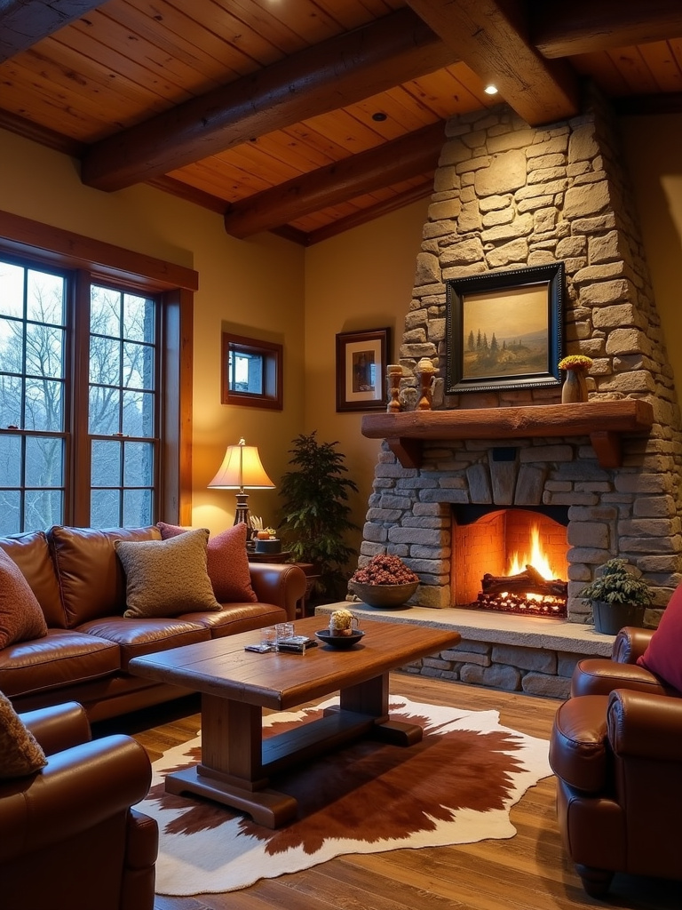 “Warm rustic living room featuring a stone fireplace, wood beams, leather sofa, and a cowhide rug, illuminated by firelight.”