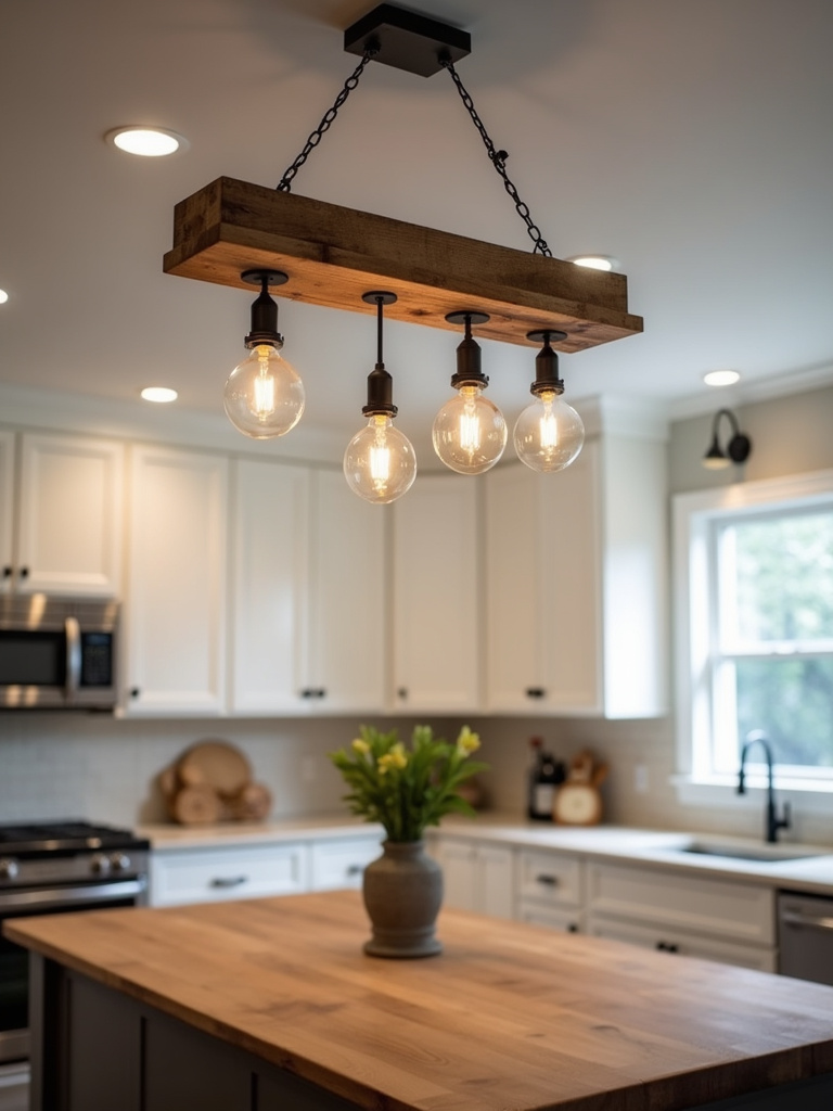 Farmhouse kitchen island lit by a linear pendant combining warm wood and dark metal.