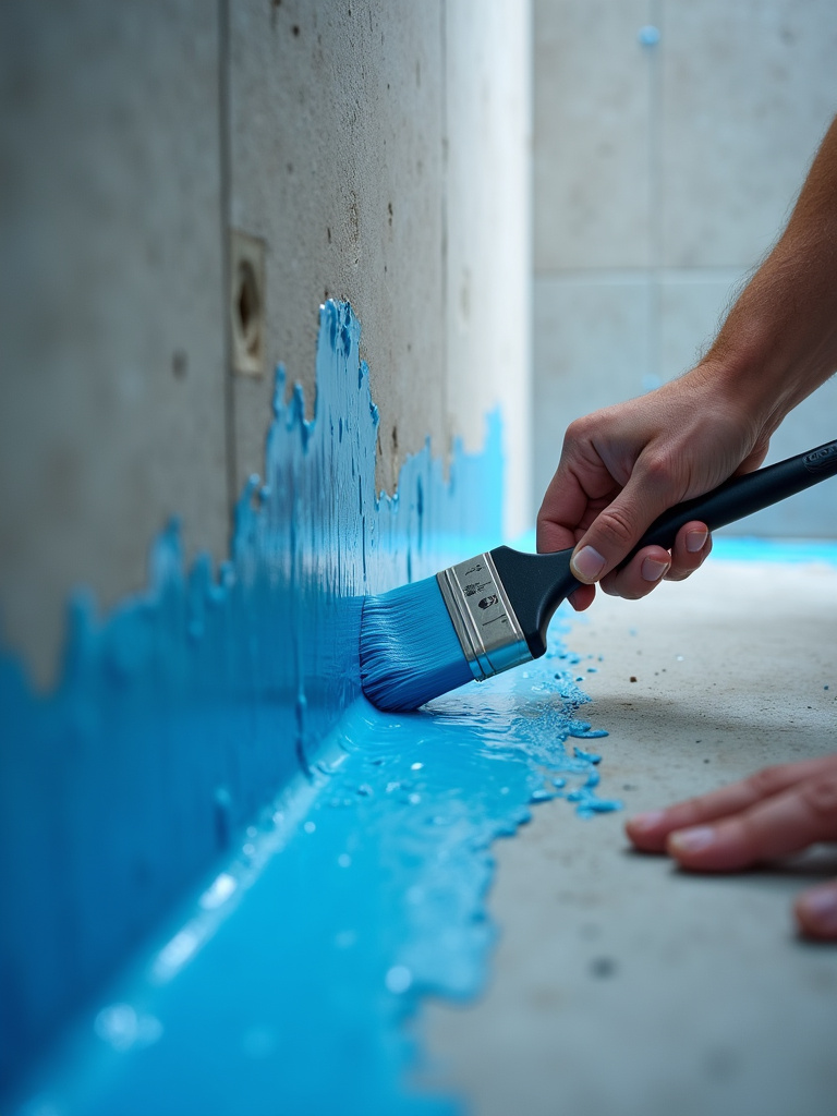“A close-up view of a shower wall during renovation, showing the application of a blue waterproof membrane over cement board, highlighting the waterproofing process.”