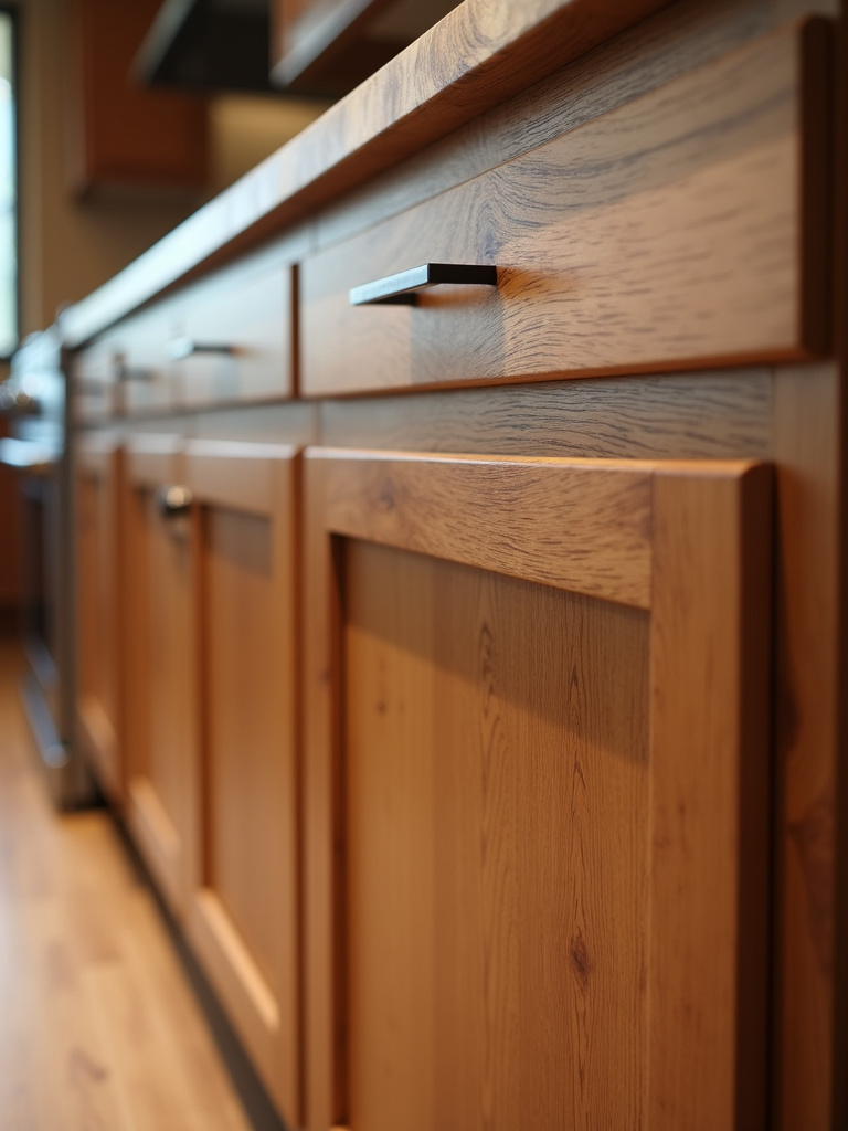 A detailed close-up of natural wood kitchen cabinets, showcasing the rich grain and warm tones of the wood under soft ambient lighting, emphasizing the natural beauty of wood furniture.