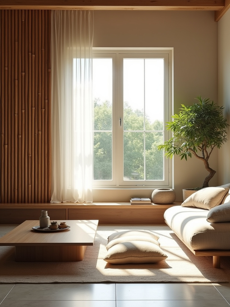 “Zen Asian inspired living room with minimalist furniture, low coffee table, floor cushions, bamboo accents, and a bonsai tree.”