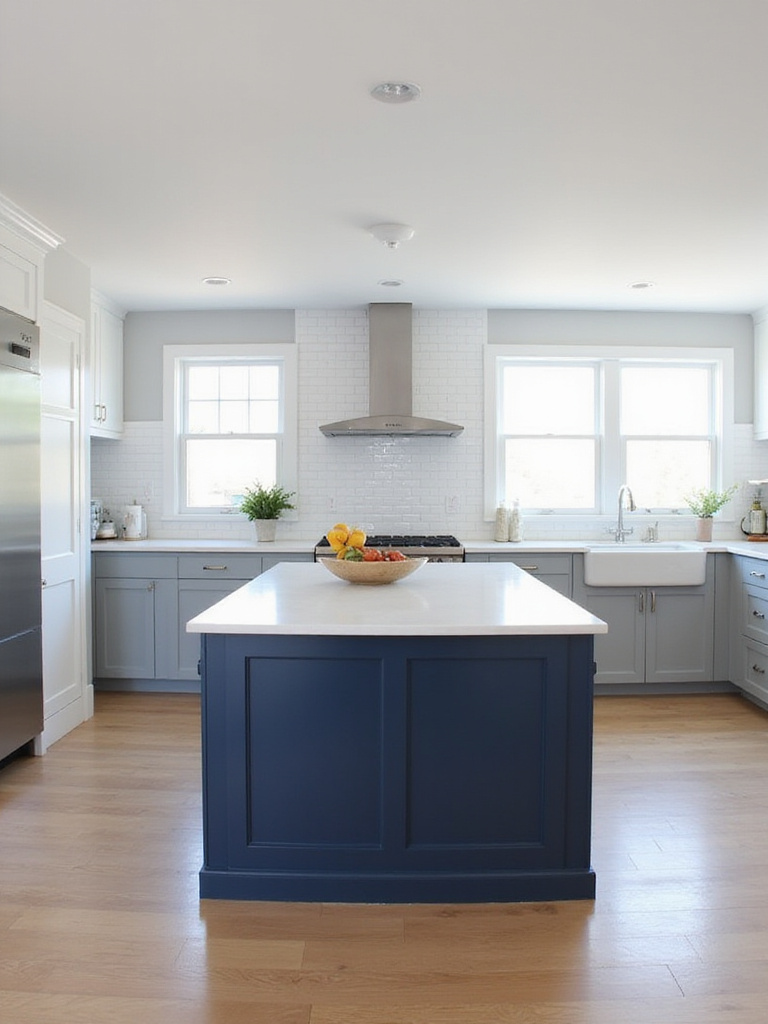 Modern kitchen with white and gray cabinets, navy blue island, and white quartz countertop.