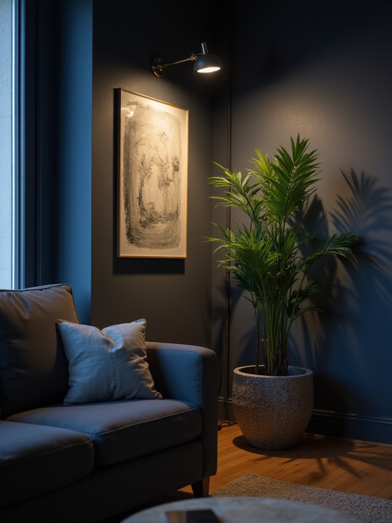 Modern living room with accent lighting highlighting artwork and a potted plant.