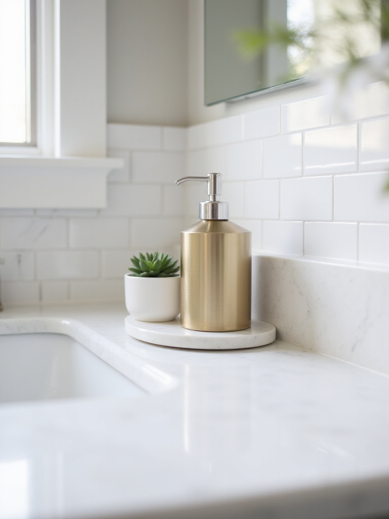 Bathroom sink area with marble countertop, gold soap dispenser, and small marble tray.