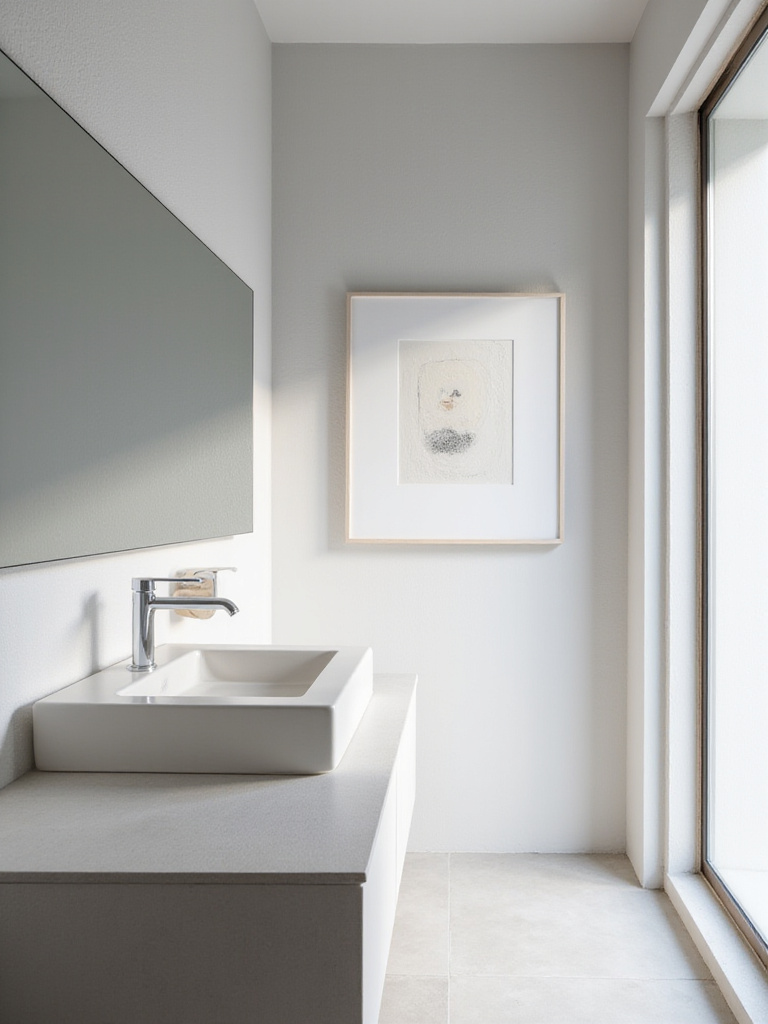Minimalist bathroom design with clean lines, floating vanity, and uncluttered surfaces.
