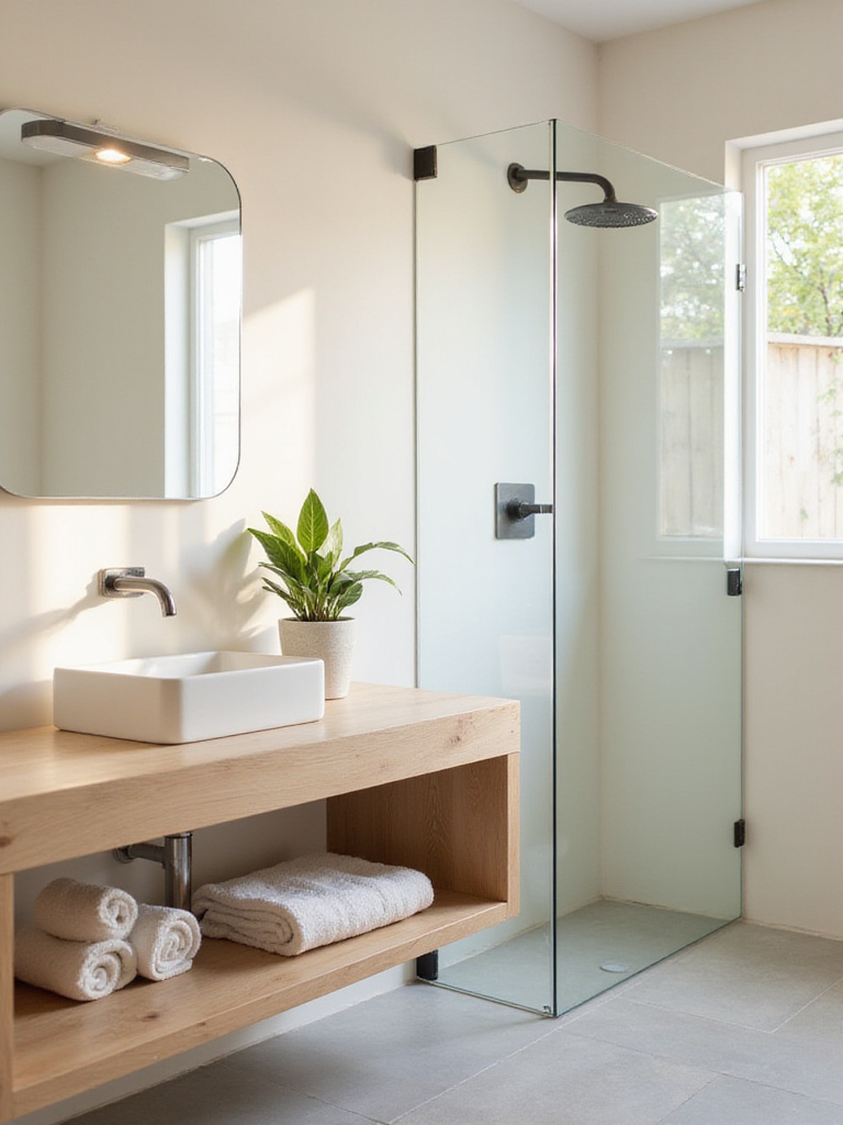 Minimalist organic bathroom featuring reclaimed wood vanity and natural stone flooring.