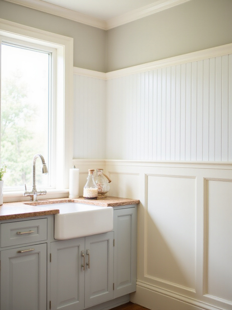 Traditional kitchen with white beadboard backsplash and cream wainscoting.