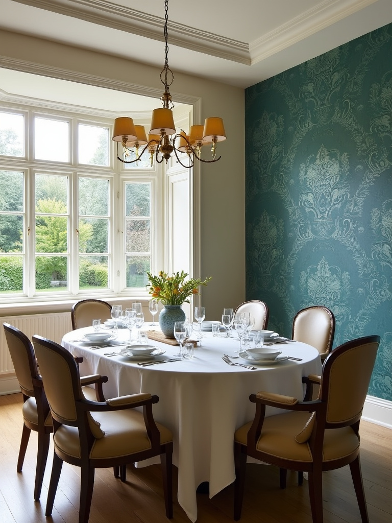 Dining room with teal damask wallpaper accent wall.
