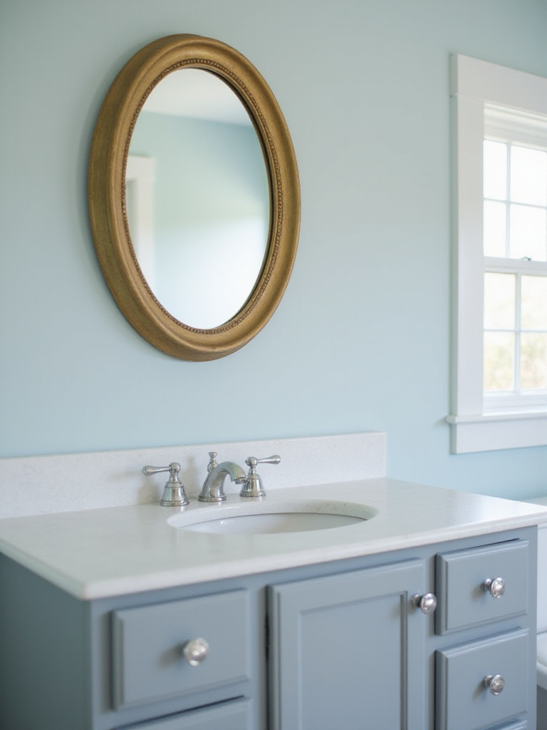 Small gold framed statement mirror above a bathroom vanity reflecting natural light.