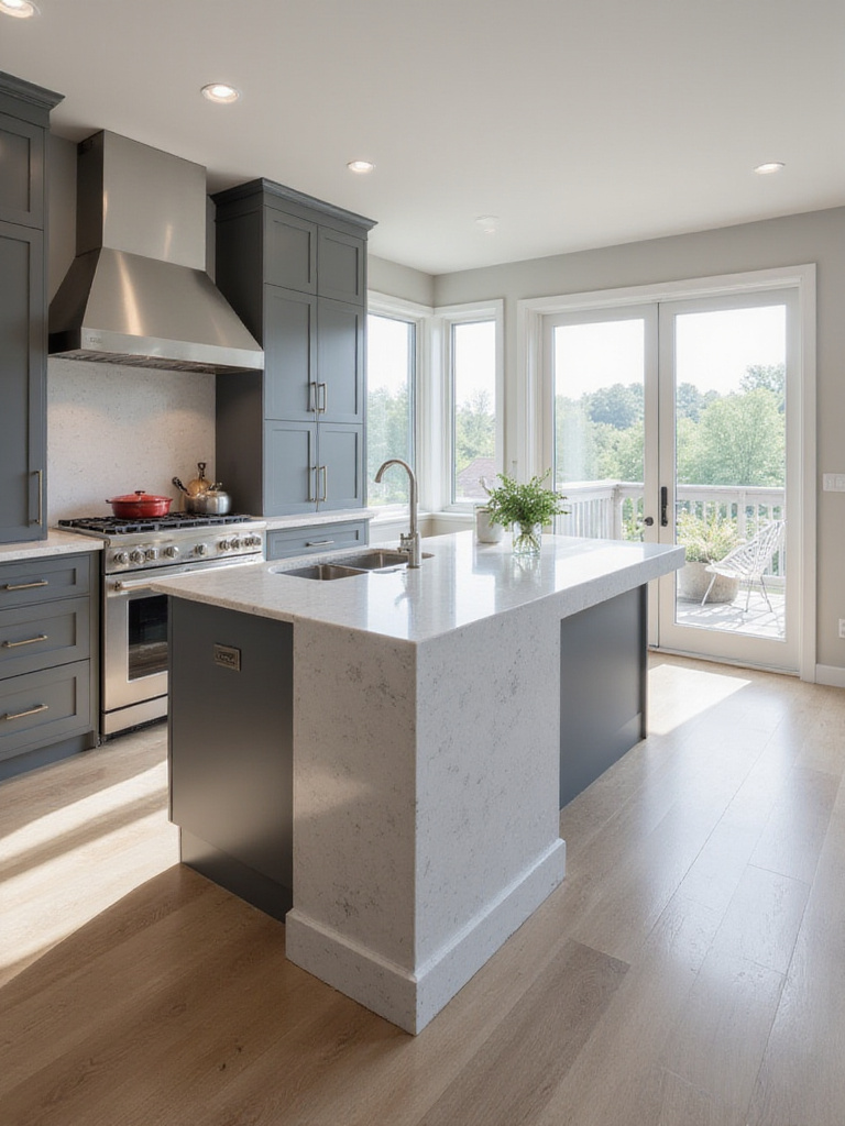 Modern kitchen island with light gray quartz countertop and waterfall edge.
