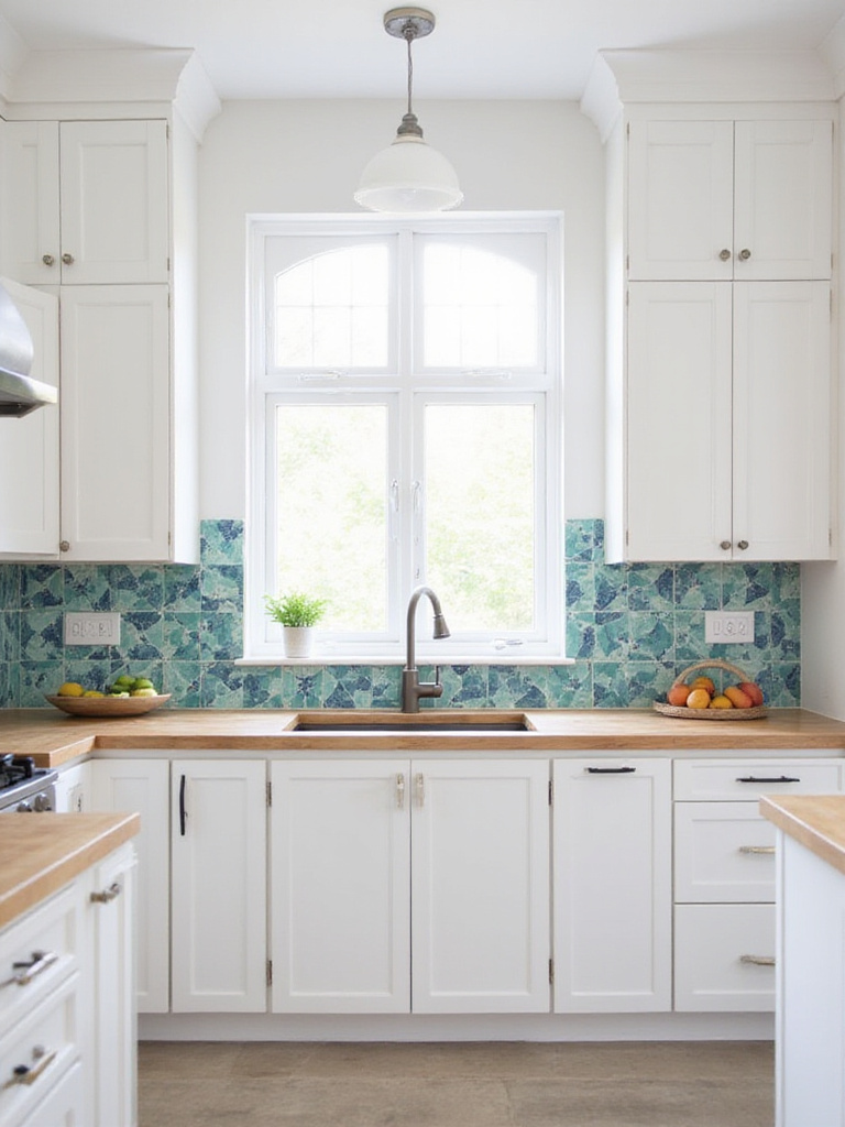 Modern kitchen with white cabinets and a statement geometric tile backsplash in blue, green, and white.