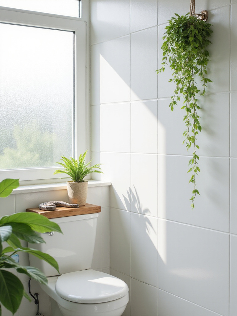 Small bathroom with snake plant on shelf and pothos hanging from shower rod.