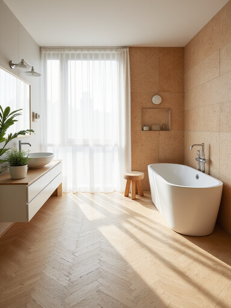 Bathroom with cork flooring in herringbone pattern and textured cork wall accent.