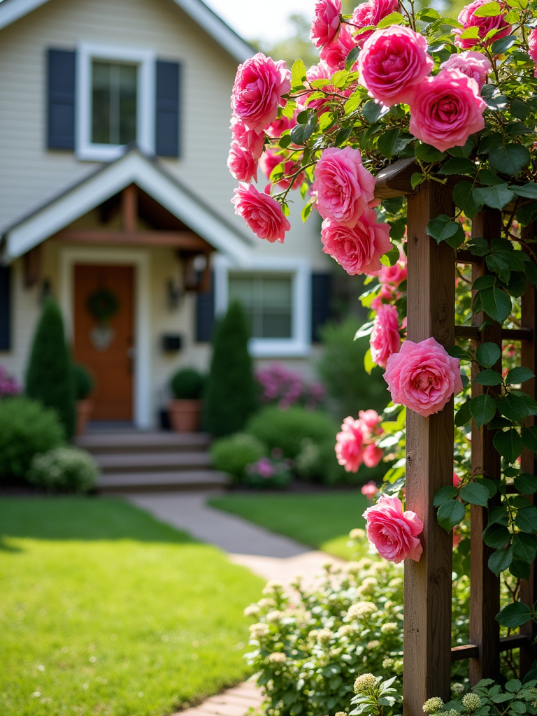 Front yard with wooden trellis covered in climbing roses