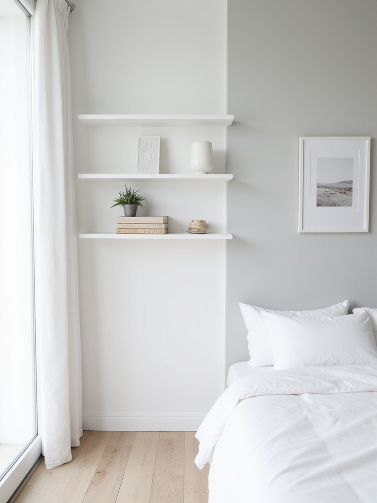 White bedroom with sleek white floating shelves displaying decorative items.