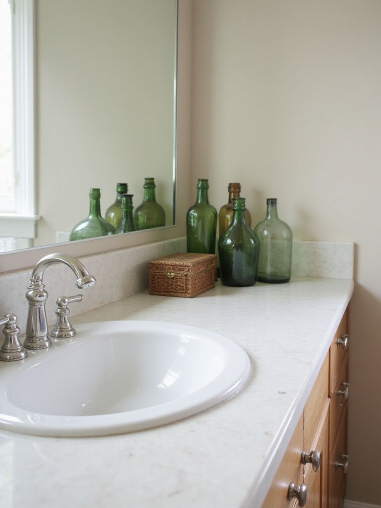 Bathroom vanity decorated with antique bottles and a vintage wooden box.