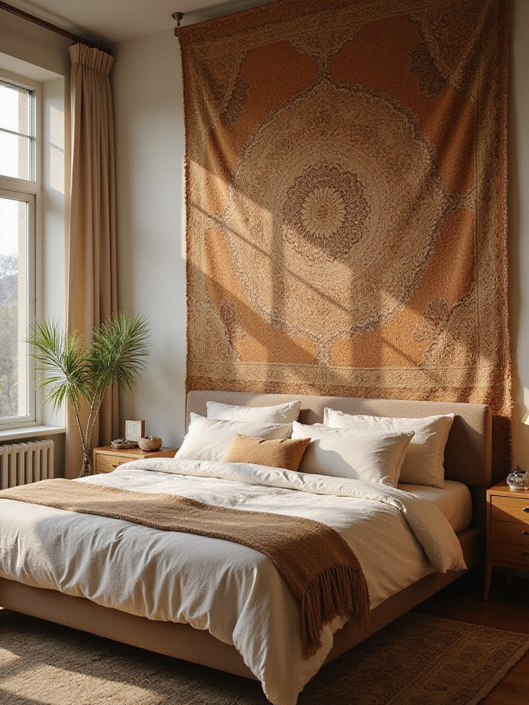 Luxurious bedroom with a large wool tapestry wall covering in warm, earthy tones.