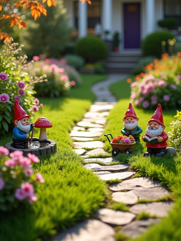 Playful garden gnomes add whimsical charm to front yard decor, boosting curb appeal.
