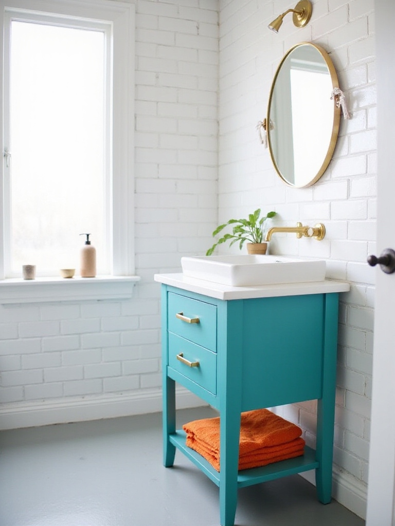Bathroom interior with white subway tile, teal vanity, orange towels, and gold accents.