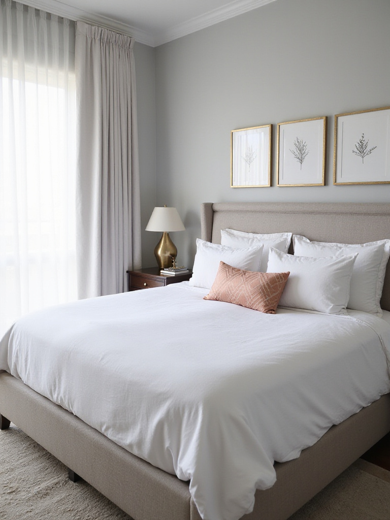Chic bedroom with white bedding, gold lamp, and rose gold throw pillow.