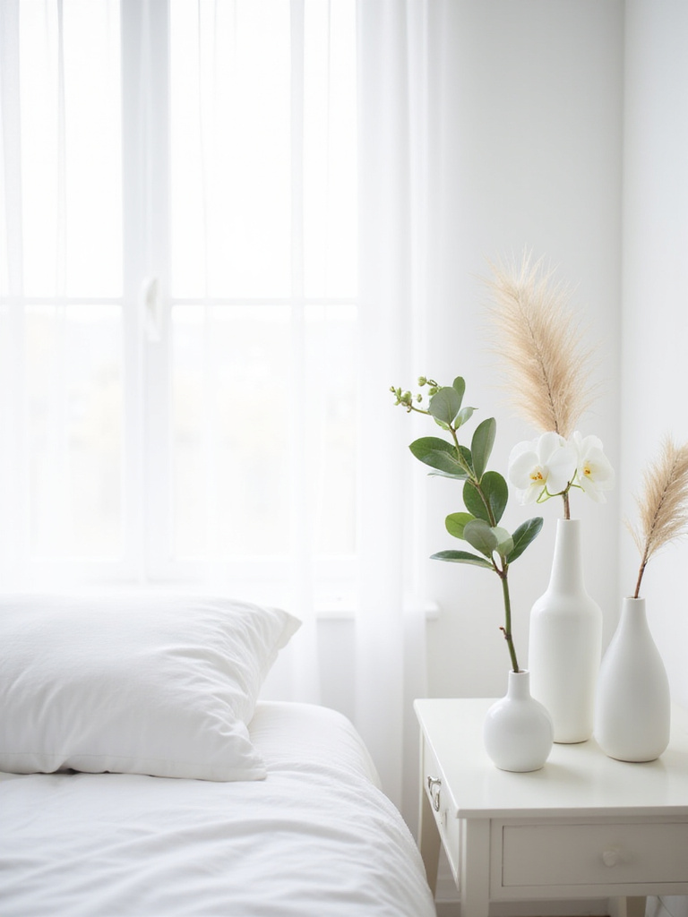 White bedroom with delicate white vases holding floral accents on a nightstand
