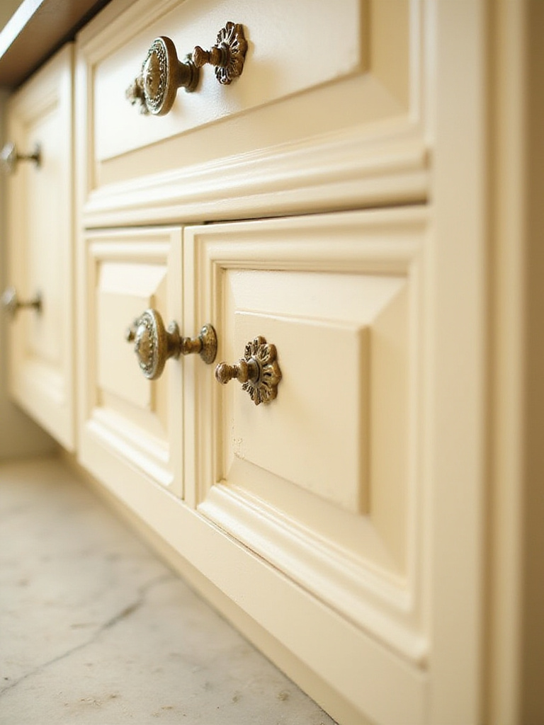 Ornate brass knobs and pulls on cream-colored traditional kitchen cabinets.
