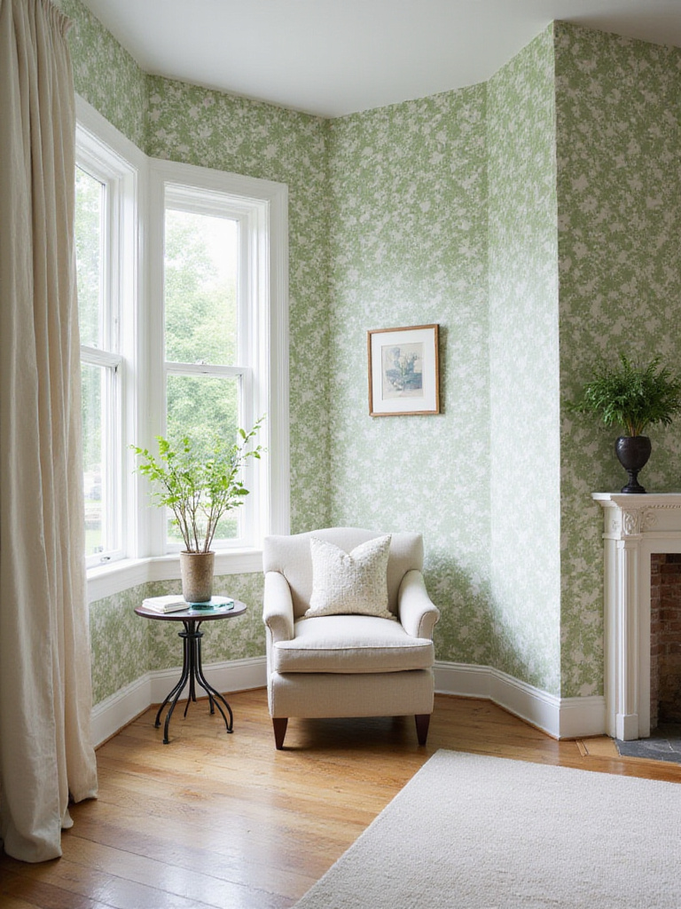 Living room alcove wallpapered with a botanical print, creating a cozy reading nook.
