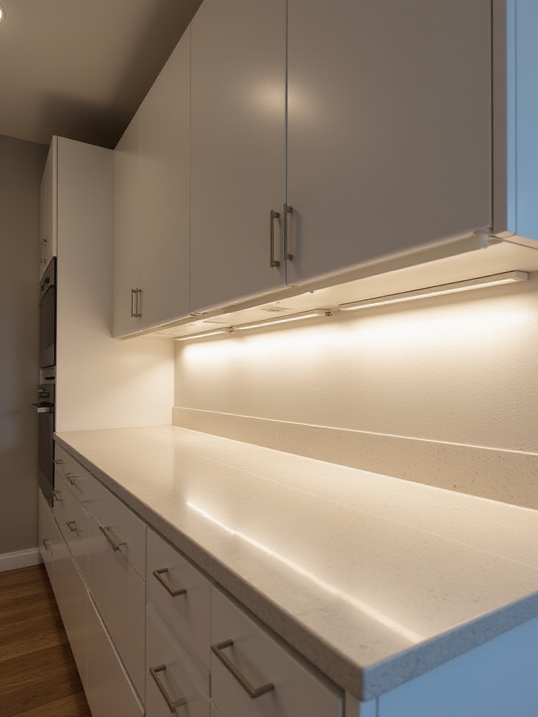 Contemporary kitchen featuring warm white under-cabinet lighting illuminating light quartz countertops, creating a layered lighting effect.