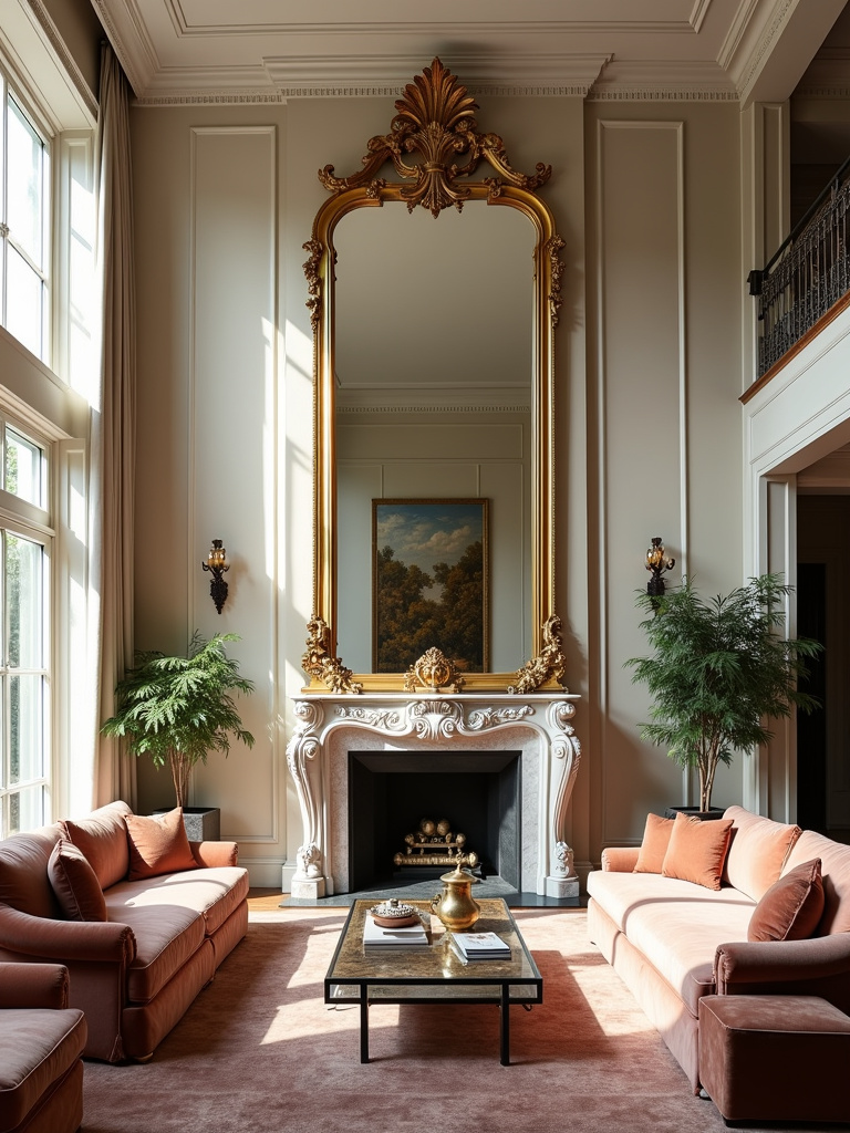 Luxurious living room with gold-framed statement mirror above fireplace, reflecting light and creating a spacious feel.