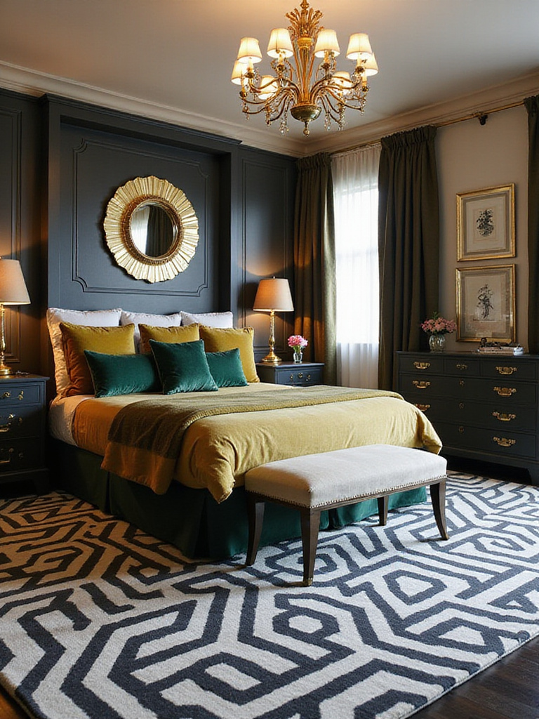 Art Deco bedroom with geometric patterns, gold accents, and luxurious textures.
