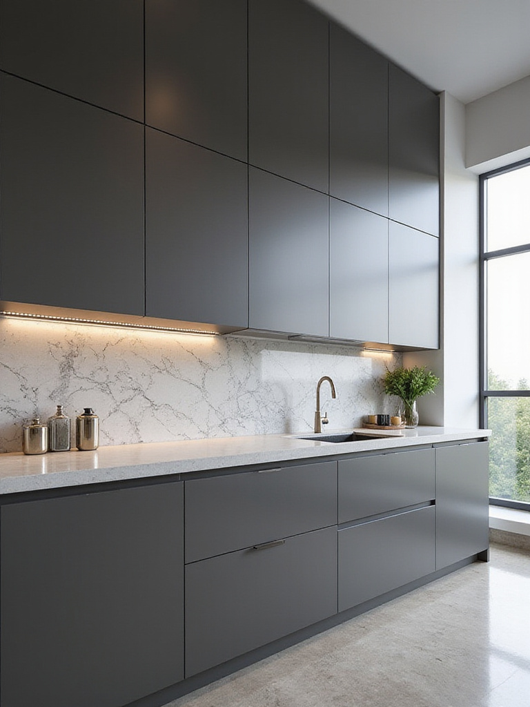 Luxury kitchen with a striking marble-patterned porcelain slab backsplash as a focal point.