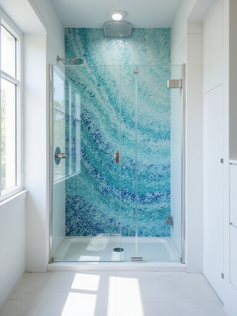 Bathroom shower wall with blue and turquoise mosaic tile pattern
