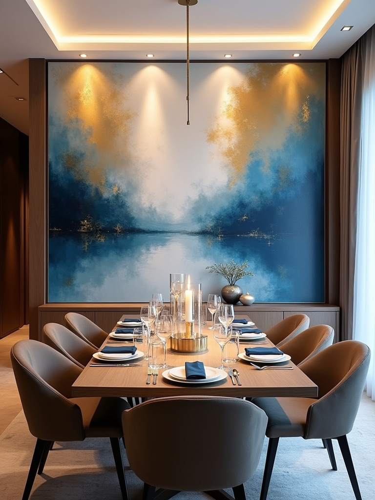 Dining room with a large abstract painting as a focal point