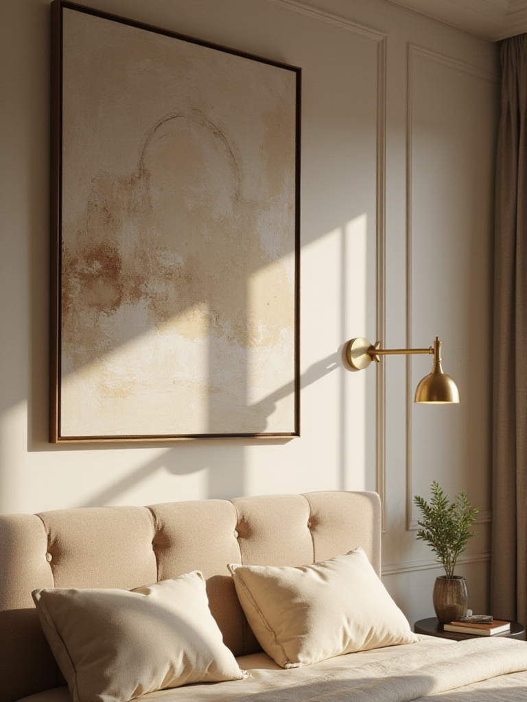 Bedroom artwork illuminated by a brass picture light above a velvet headboard.