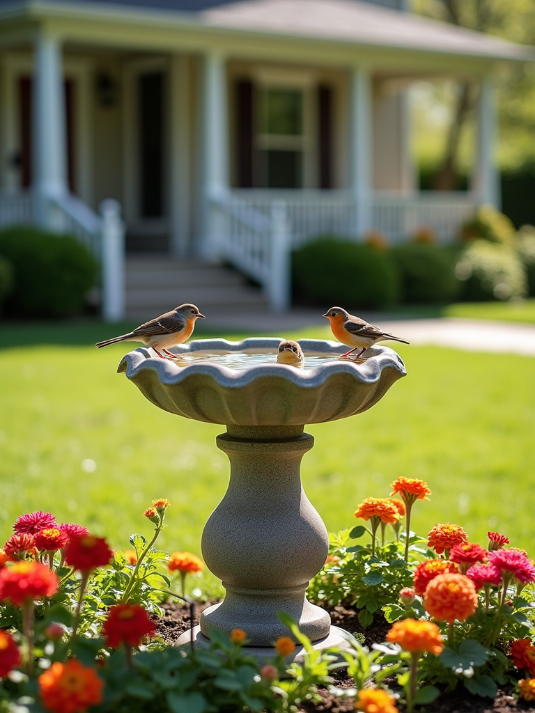 Bird bath in front yard attracting birds
