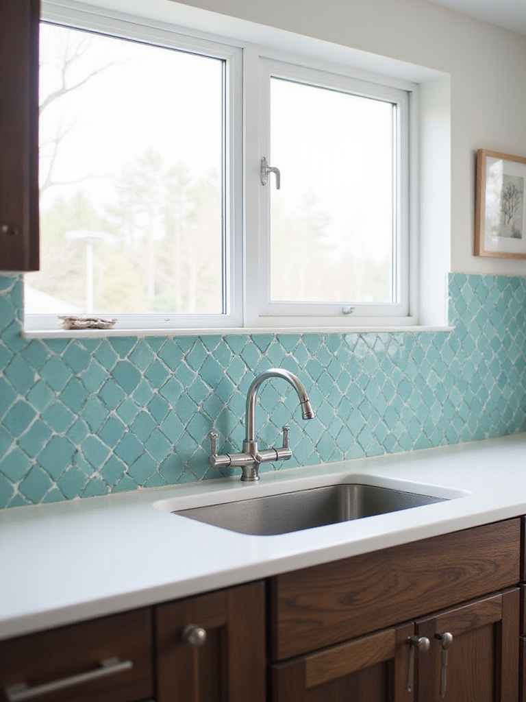 Modern kitchen with teal herringbone tile backsplash