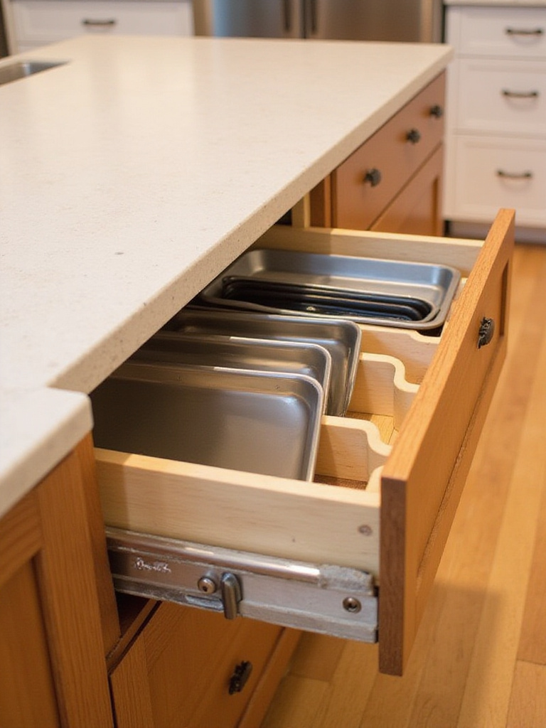 Kitchen island drawer with baking sheets organized using wooden dividers.