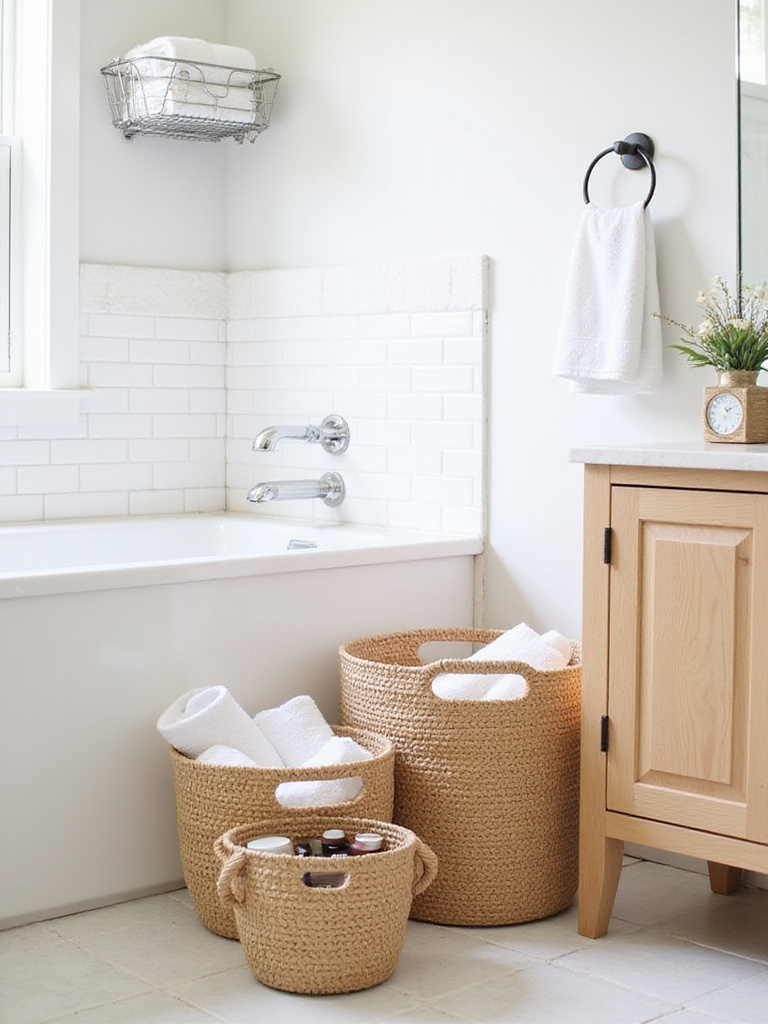 Bathroom with woven baskets used for stylish and organized storage of towels and toiletries.