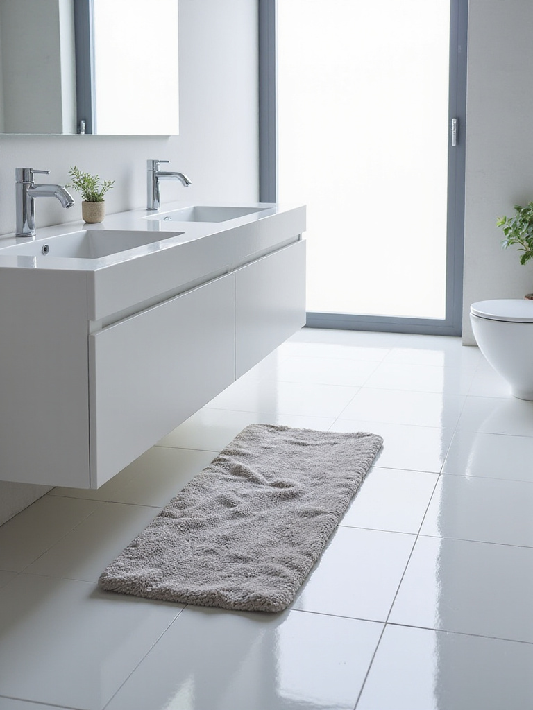 Plush grey microfiber bath mat on white tile floor in a modern bathroom.