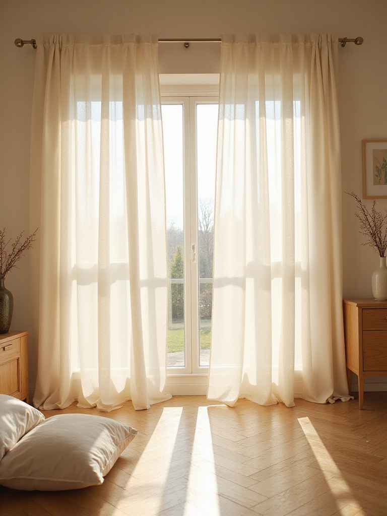 Bedroom with light-filtering curtains allowing sunlight to gently illuminate the space.