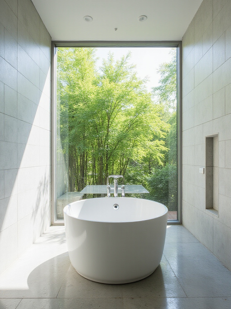 Bright bathroom with large window overlooking bamboo garden