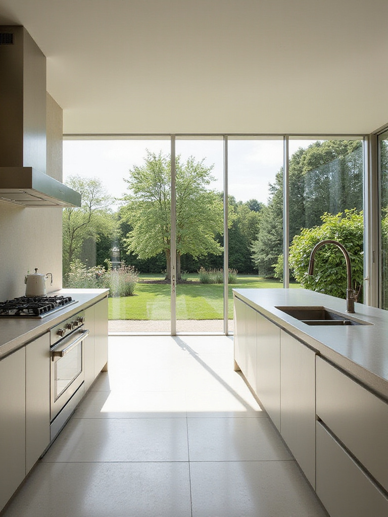 Modern luxury kitchen bathed in natural light from expansive floor-to-ceiling windows.